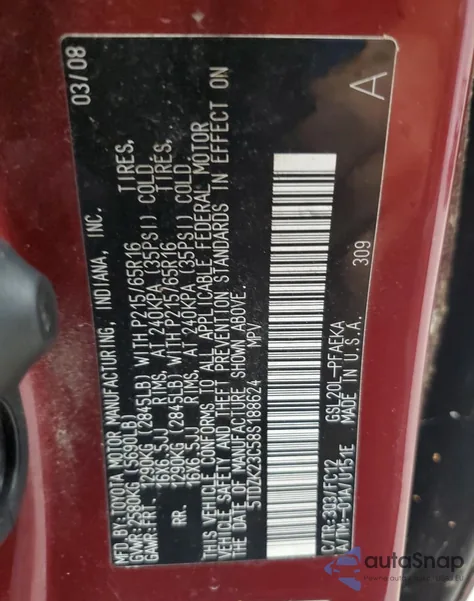 2008 Toyota Sienna Ce z USA, uszkodzony, nr VIN 5TDZK23C58S188624